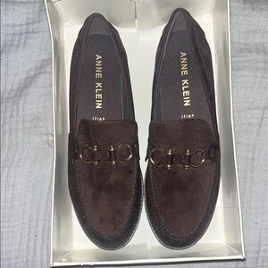 Anne Klein Dark Brown Woman’s Suede Loafers with Gold Accents